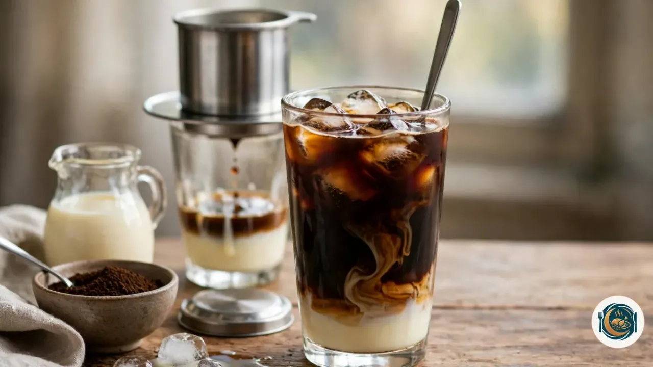 Café vietnamita con hielo y leche condensada junto a un phin goteando
