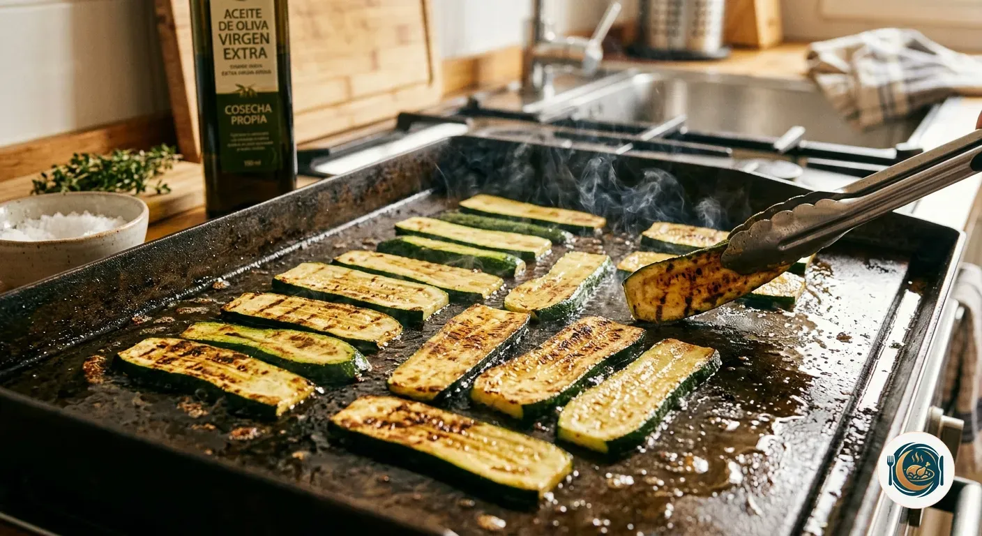 Láminas de calabacín dorándose en una plancha caliente con aceite de oliva