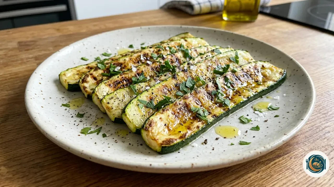 Láminas de calabacín a la plancha doradas en un plato con perejil picado