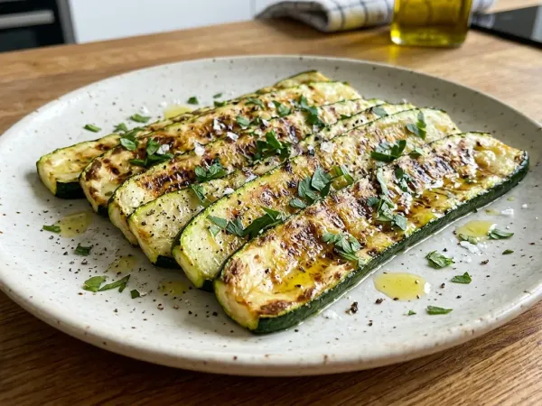 Láminas de calabacín a la plancha doradas en un plato con perejil picado
