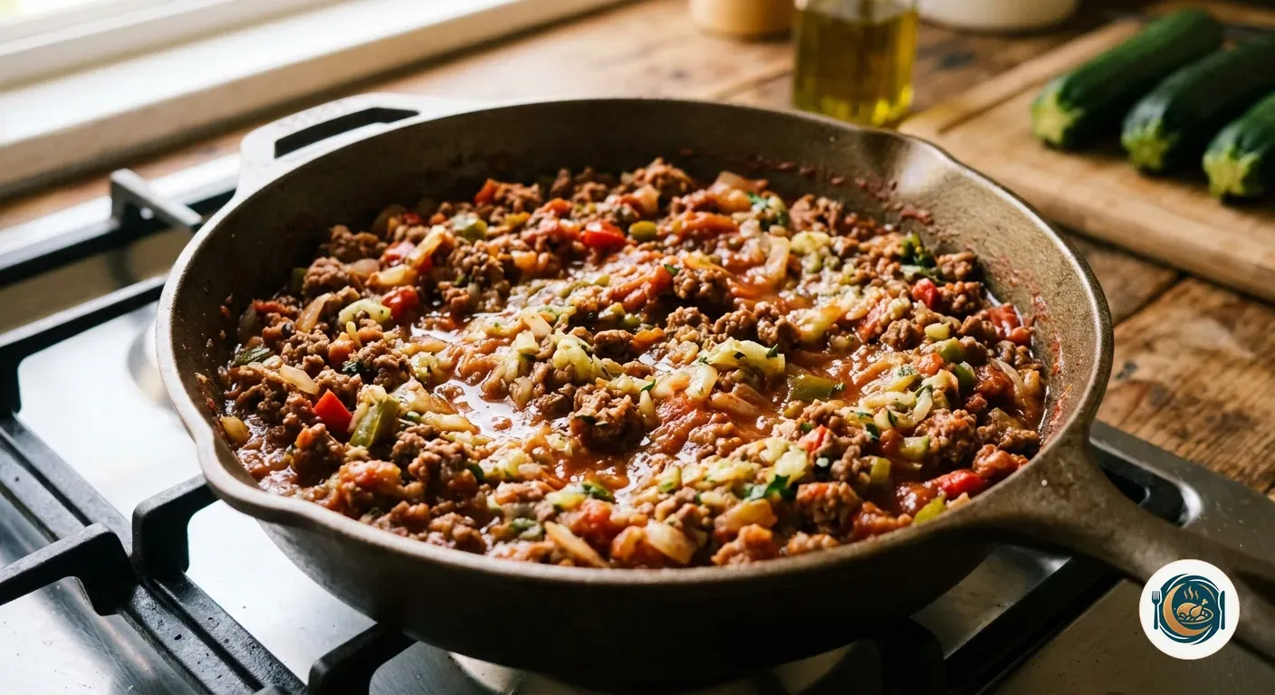 Sartén con el relleno de carne picada, sofrito de tomate y la pulpa del calabacín