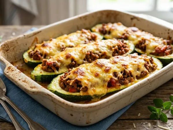 Calabacines rellenos de carne picada gratinados con queso en una fuente de horno