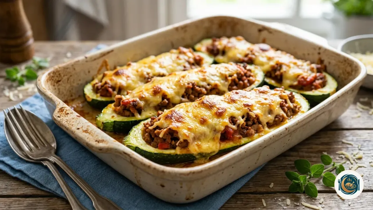 Calabacines rellenos de carne picada gratinados con queso en una fuente de horno