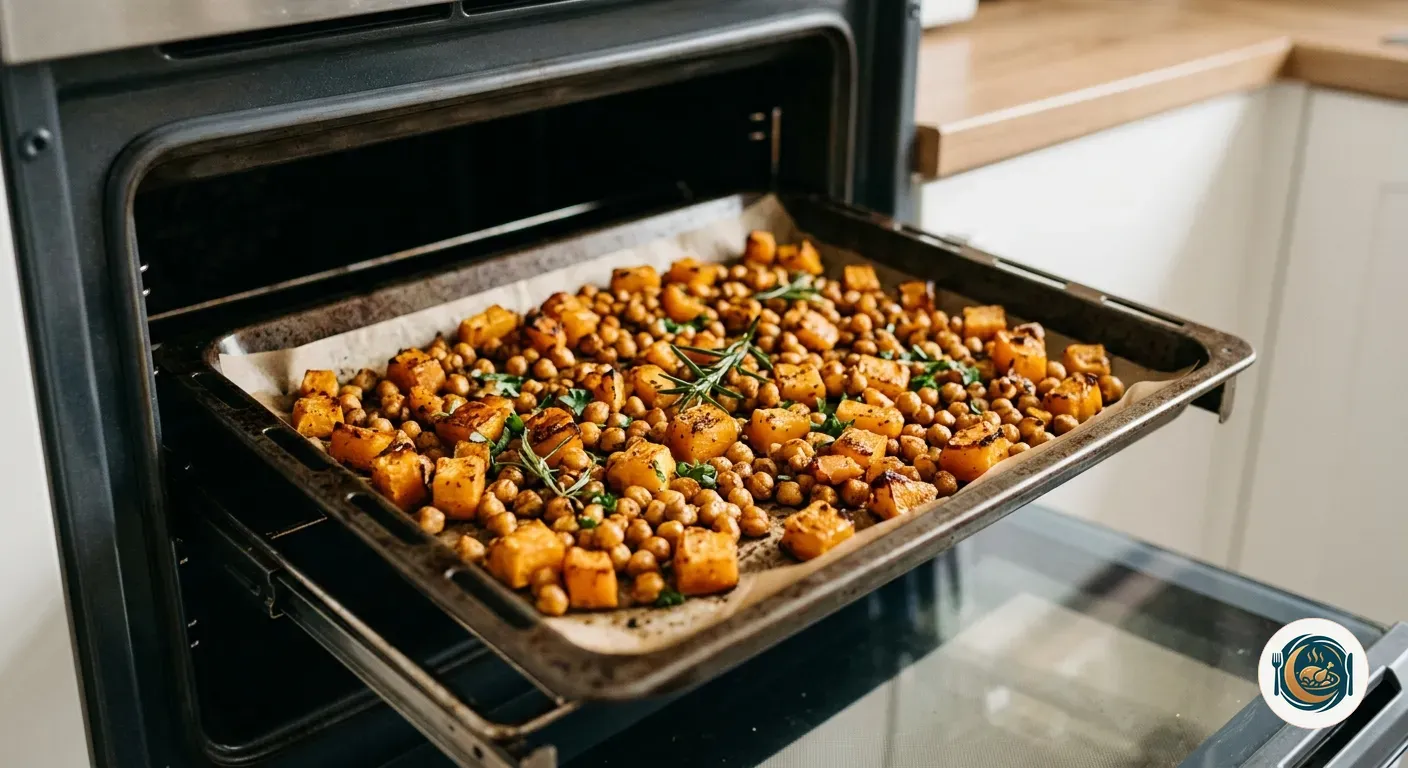 Calabaza y garbanzos en la bandeja del horno