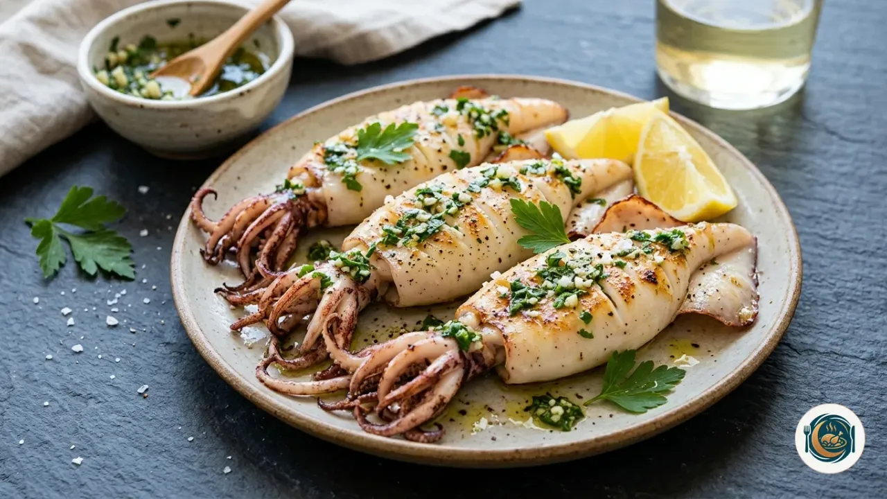 Calamares a la plancha dorados con un majado de ajo y perejil