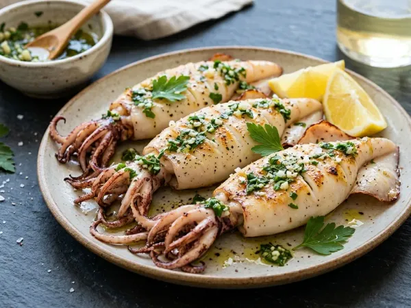 Calamares a la plancha dorados con un majado de ajo y perejil