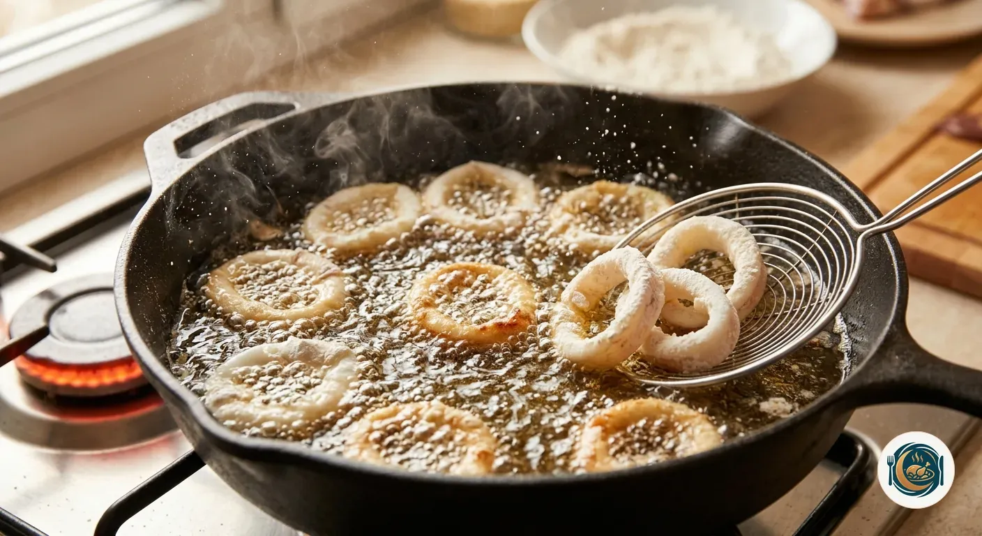 Anillas de calamar enharinadas friéndose en aceite caliente