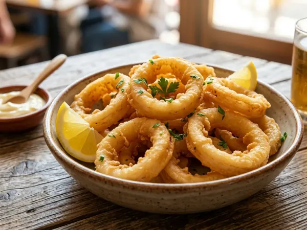 Calamares a la romana recién fritos con gajos de limón en un plato