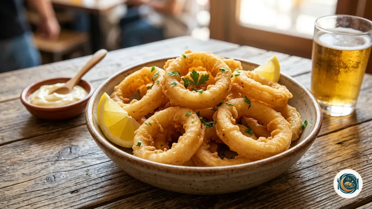 Calamares a la romana recién fritos con gajos de limón en un plato