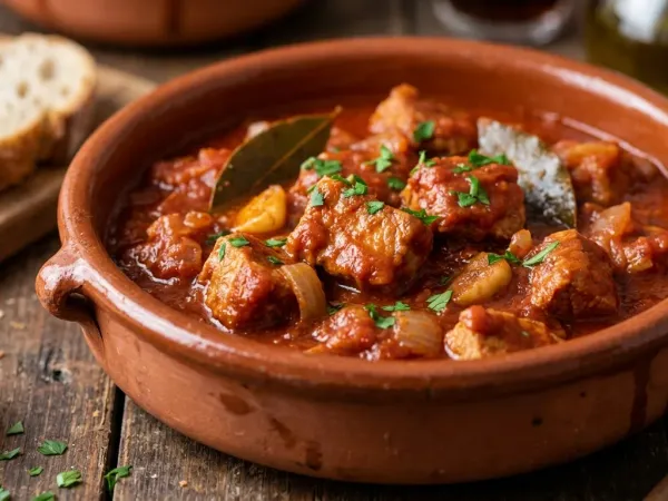 Cazuela de carne con tomate con dados de magro de cerdo en salsa espesa