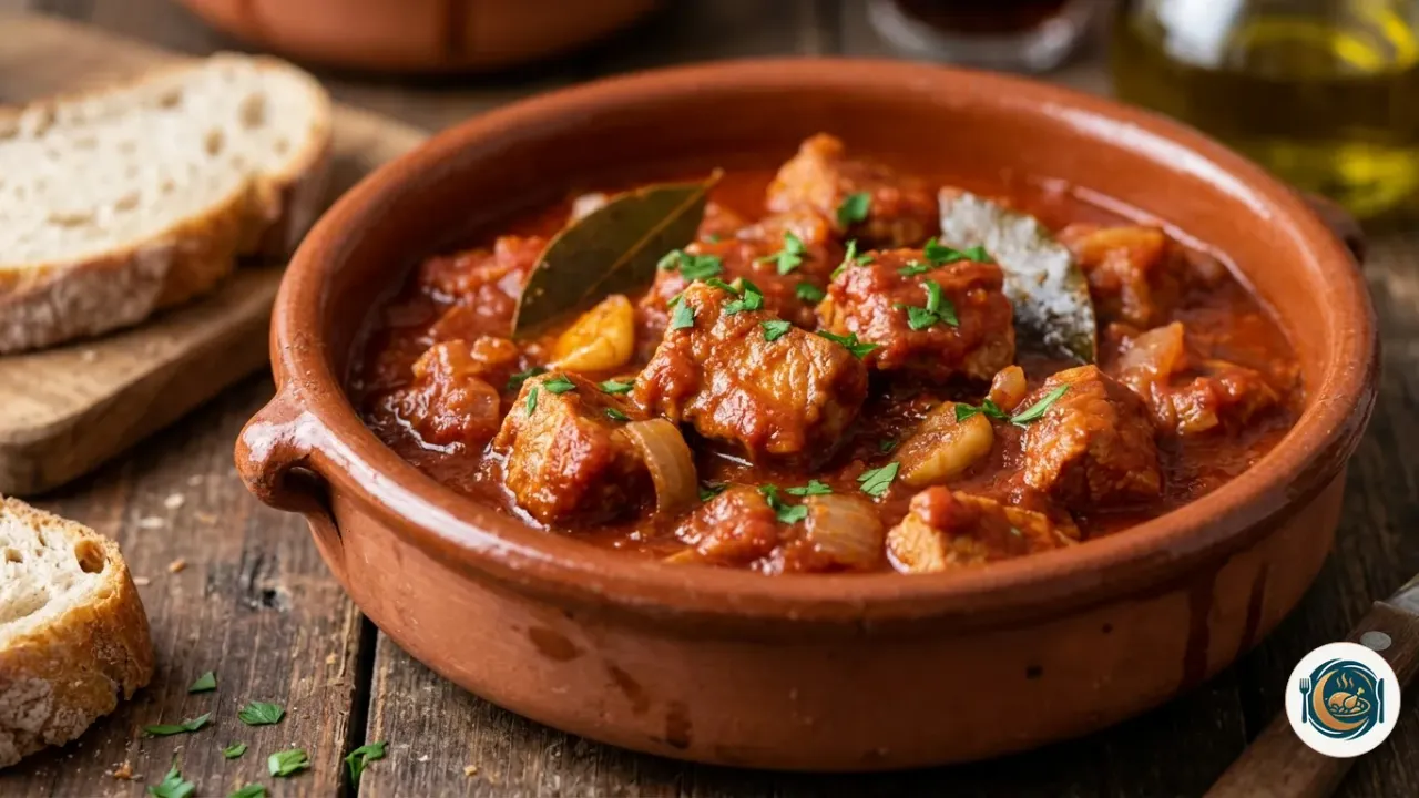 Cazuela de carne con tomate con dados de magro de cerdo en salsa espesa