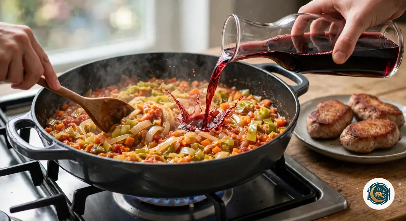 Vino tinto vertido sobre las verduras pochadas en la cazuela
