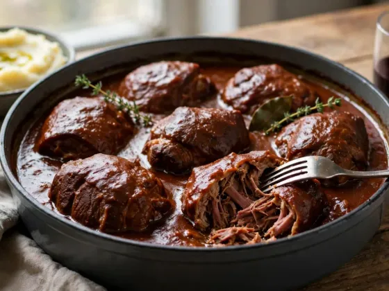 Carrilleras de cerdo al vino tinto en su salsa, con puré de patata al lado
