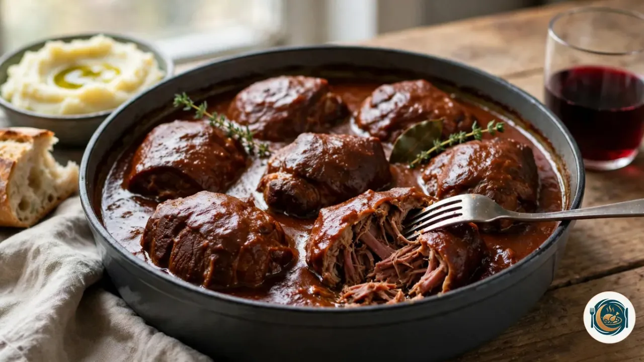 Carrilleras de cerdo al vino tinto en su salsa, con puré de patata al lado