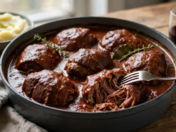 Carrilleras de cerdo al vino tinto en su salsa, con puré de patata al lado