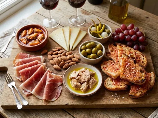 Tabla de picoteo con jamón serrano, queso manchego, conservas, encurtidos y pan tostado