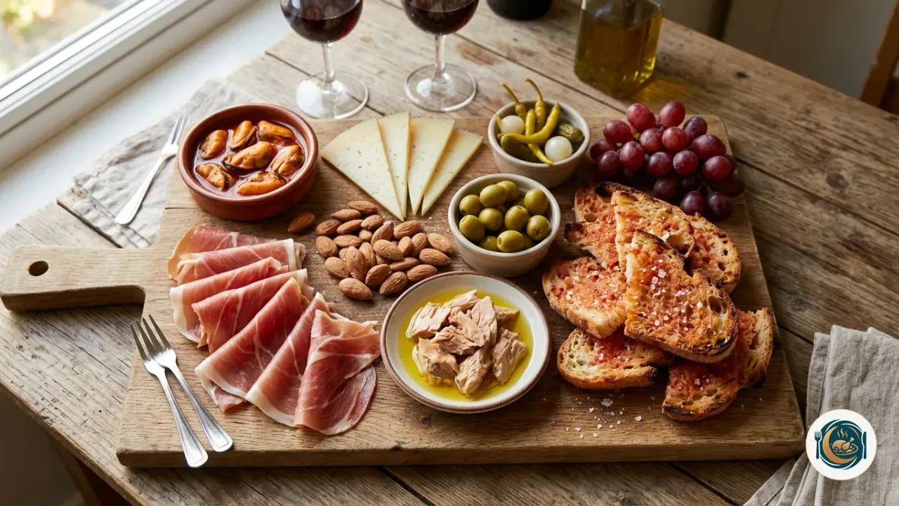 Tabla de picoteo con jamón serrano, queso manchego, conservas, encurtidos y pan tostado