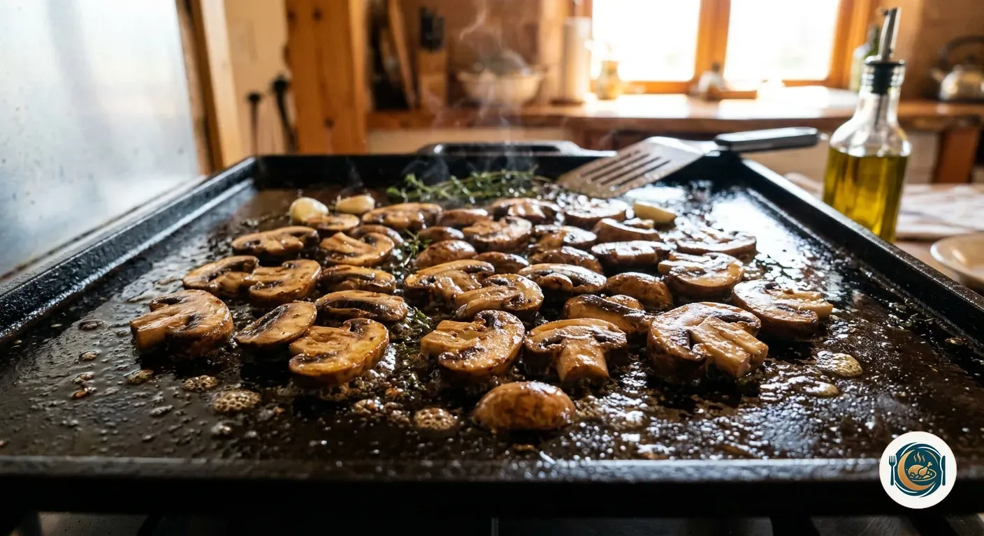 Champiñones laminados dorándose en una plancha caliente con aceite de oliva