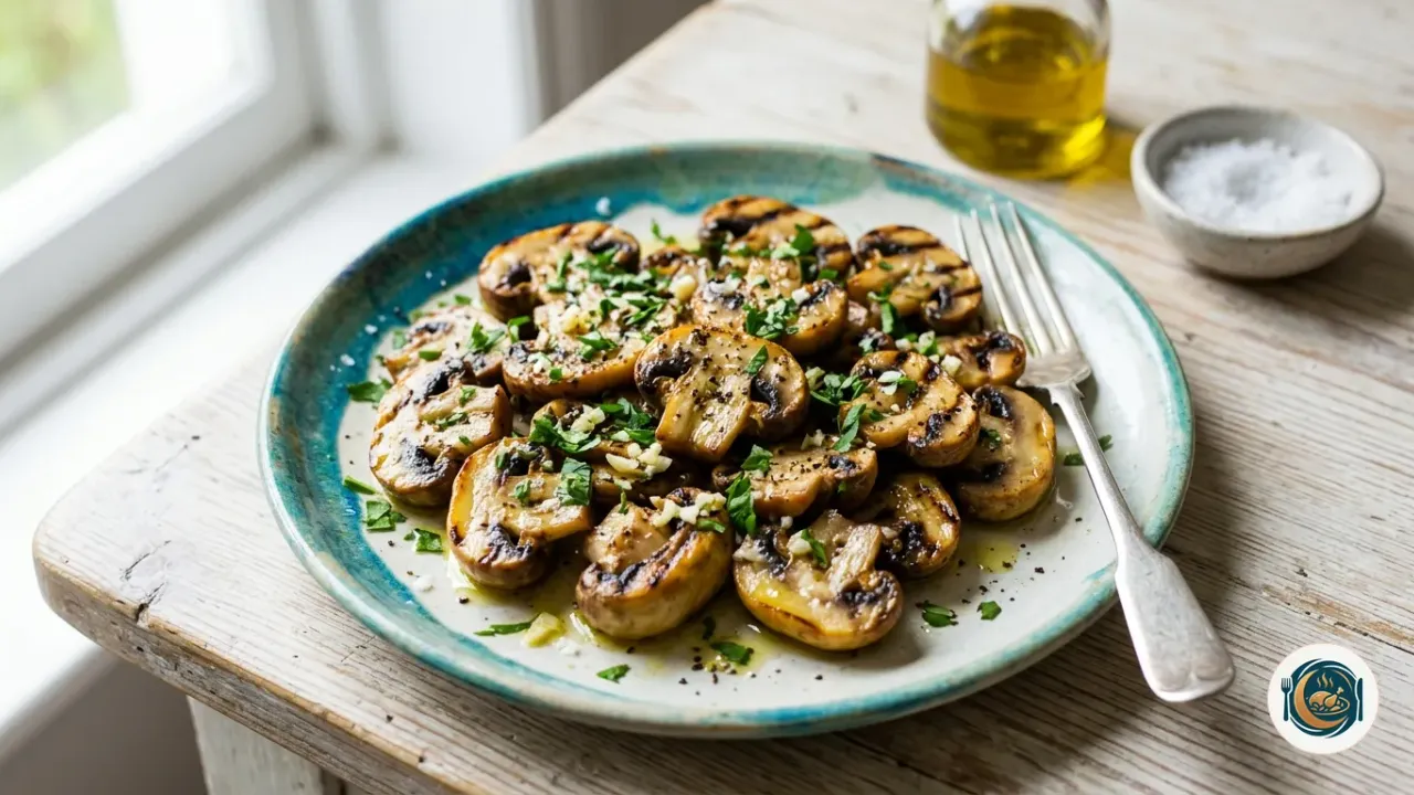 Champiñones a la plancha dorados en un plato con ajo y perejil picado
