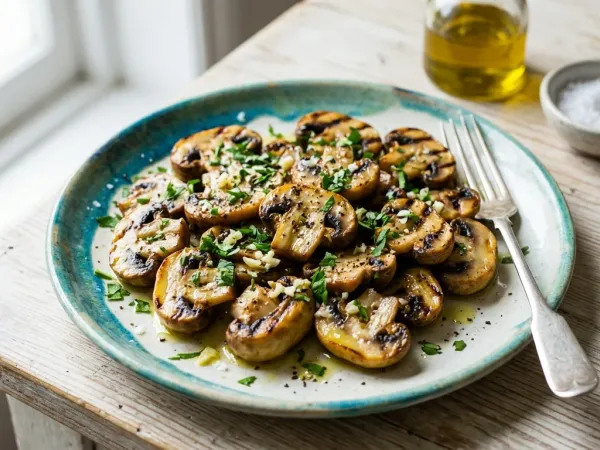 Champiñones a la plancha dorados en un plato con ajo y perejil picado