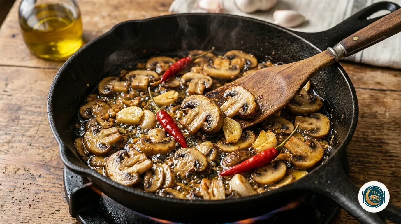 Champiñones al ajillo dorándose en la sartén con ajo y guindilla