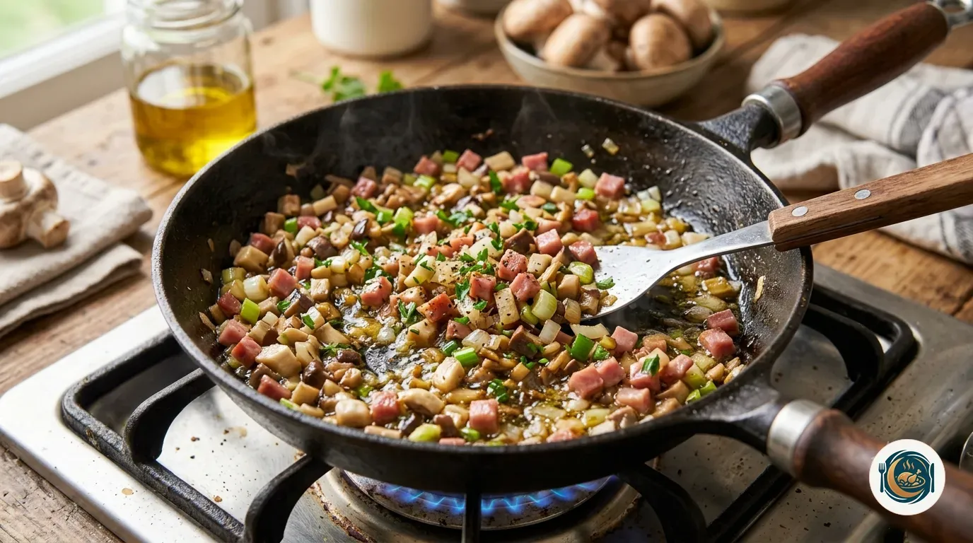 Sartén con el relleno de tallos picados, cebolleta y taquitos de jamón