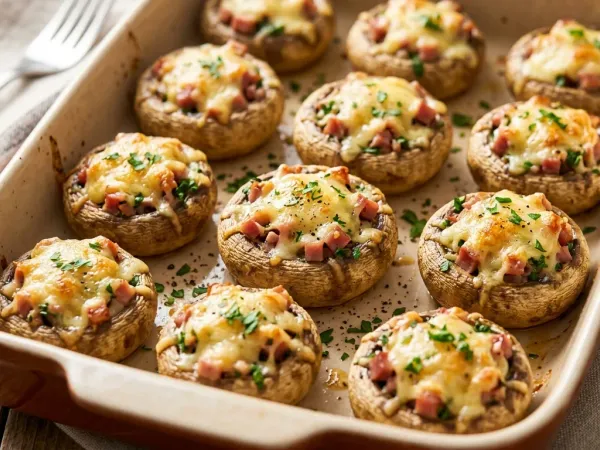 Champiñones rellenos de jamón y queso gratinados en una bandeja de horno