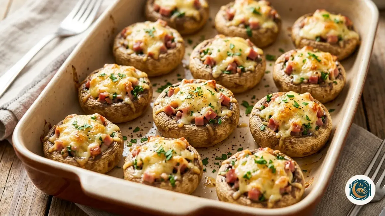 Champiñones rellenos de jamón y queso gratinados en una bandeja de horno
