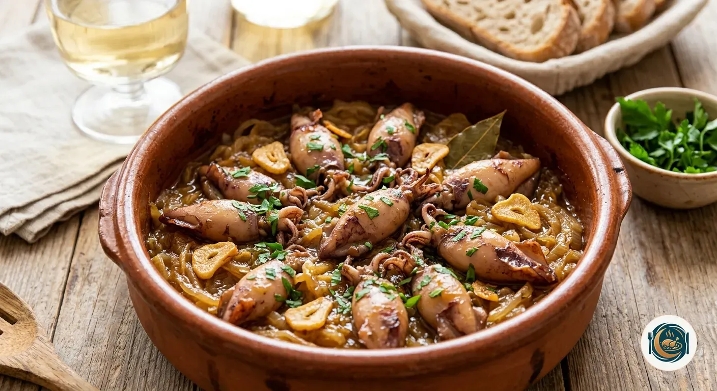 Chipirones encebollados en la cazuela con cebolla