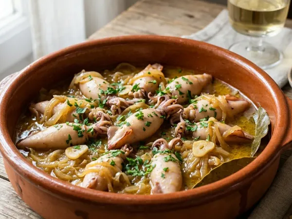 Cazuela de chipirones encebollados con cebolla dorada y perejil picado