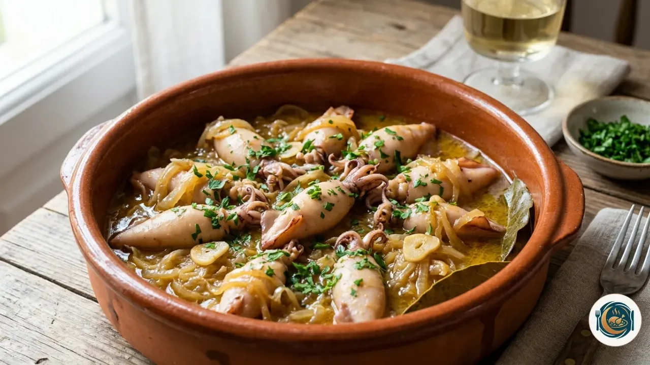 Cazuela de chipirones encebollados con cebolla dorada y perejil picado