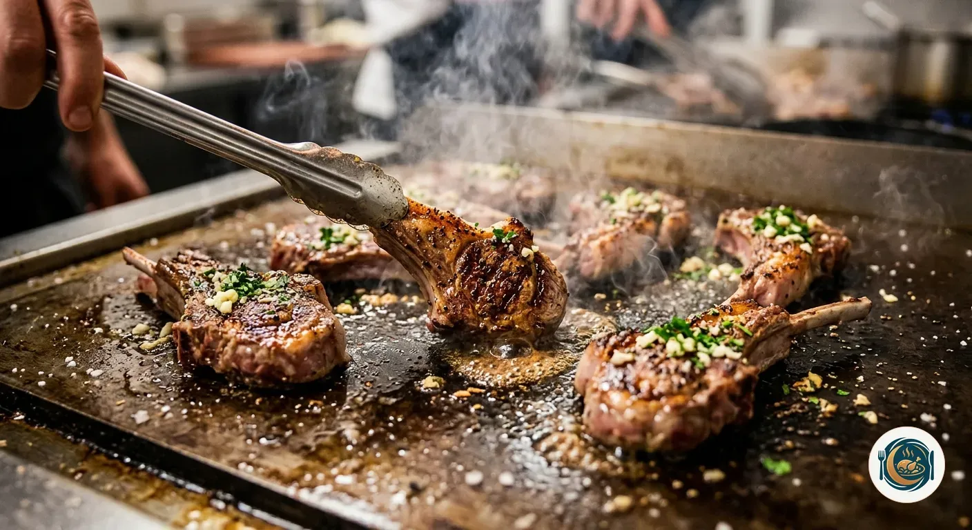 Chuletillas de cordero marcándose en la plancha caliente