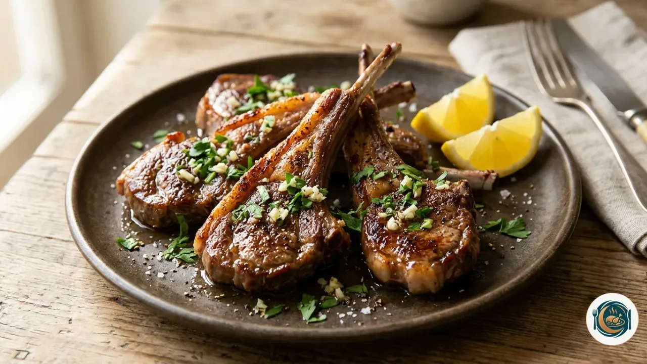 Chuletas de cordero a la plancha doradas sobre la plancha con ajo y perejil
