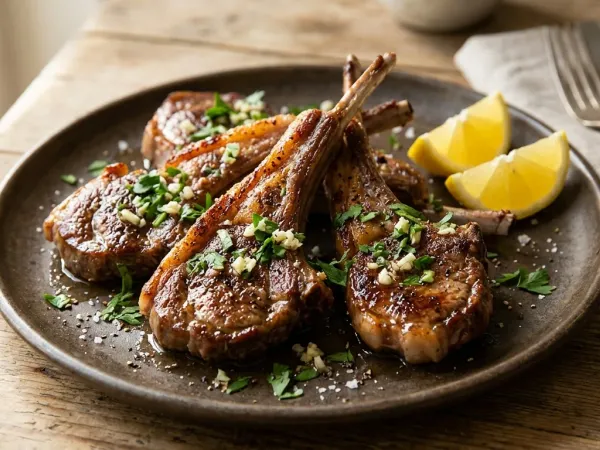 Chuletas de cordero a la plancha doradas sobre la plancha con ajo y perejil