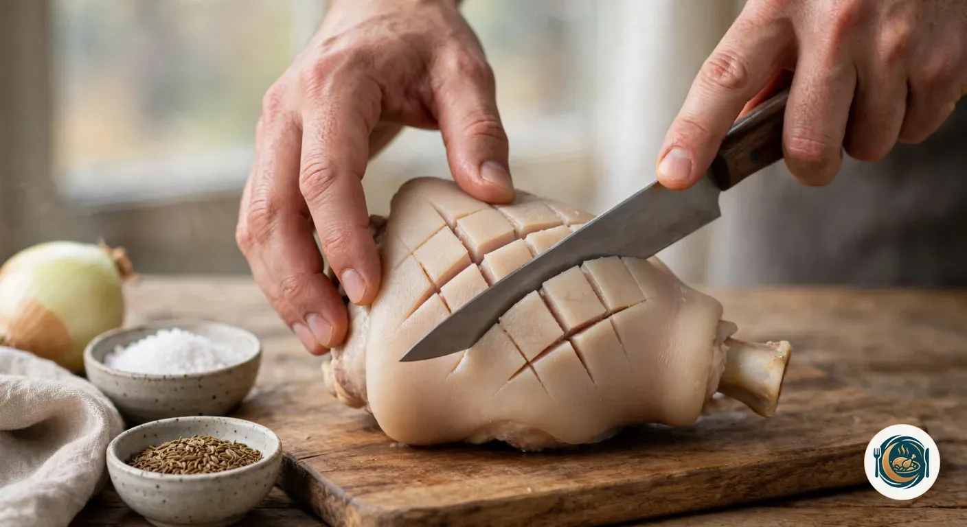 Manos marcando en rombos la piel del codillo cocido con un cuchillo