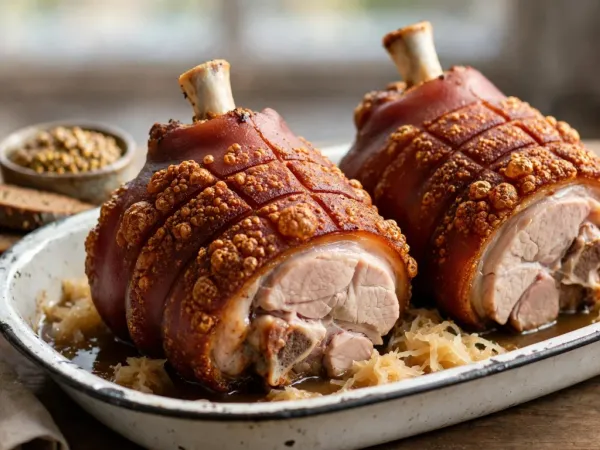 Dos codillos al horno con la piel crujiente sobre chucrut en una fuente