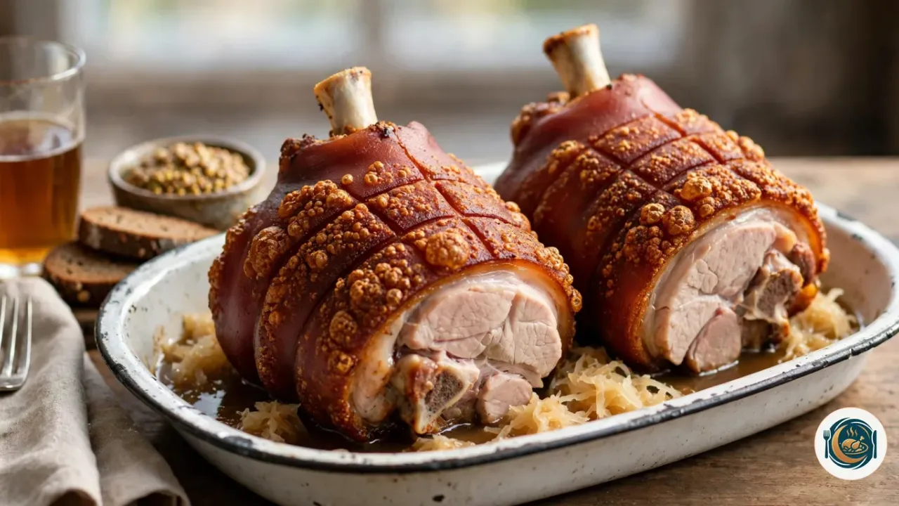 Dos codillos al horno con la piel crujiente sobre chucrut en una fuente