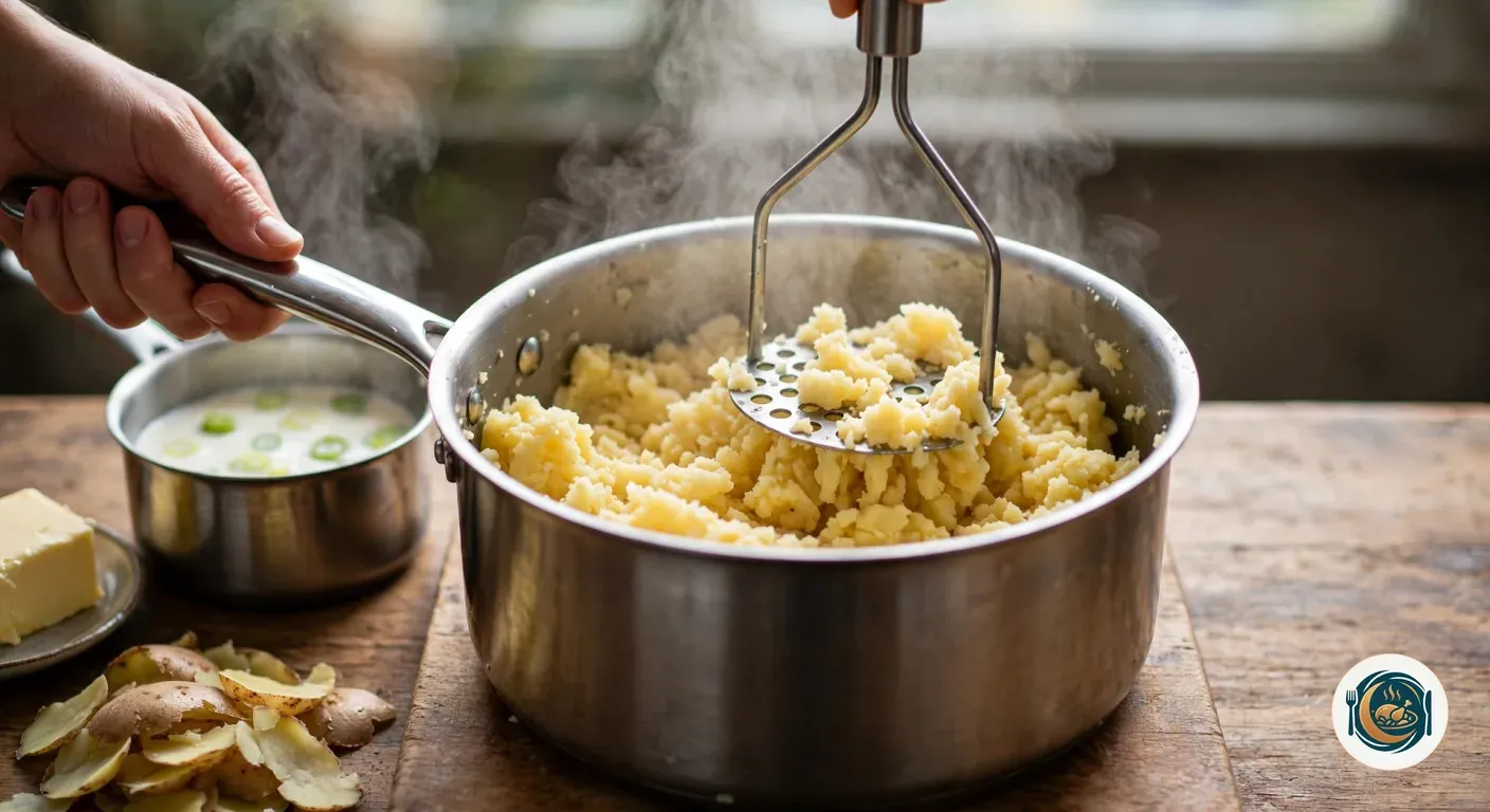Pasapurés de acero machacando patatas cocidas en un cazo humeante, con la leche y la cebolleta al lado