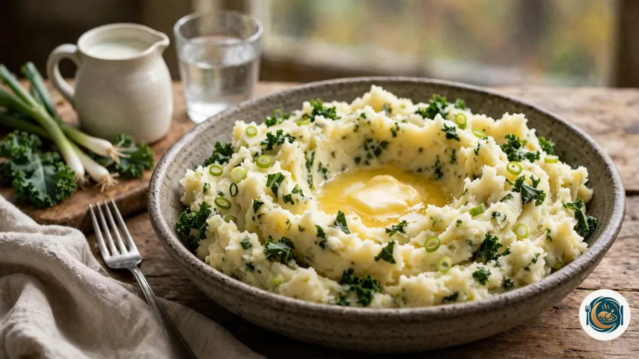 Cuenco de colcannon: puré de patata con kale y cebolleta, con un pozo de mantequilla fundida en el centro