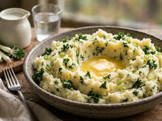 Cuenco de colcannon: puré de patata con kale y cebolleta, con un pozo de mantequilla fundida en el centro