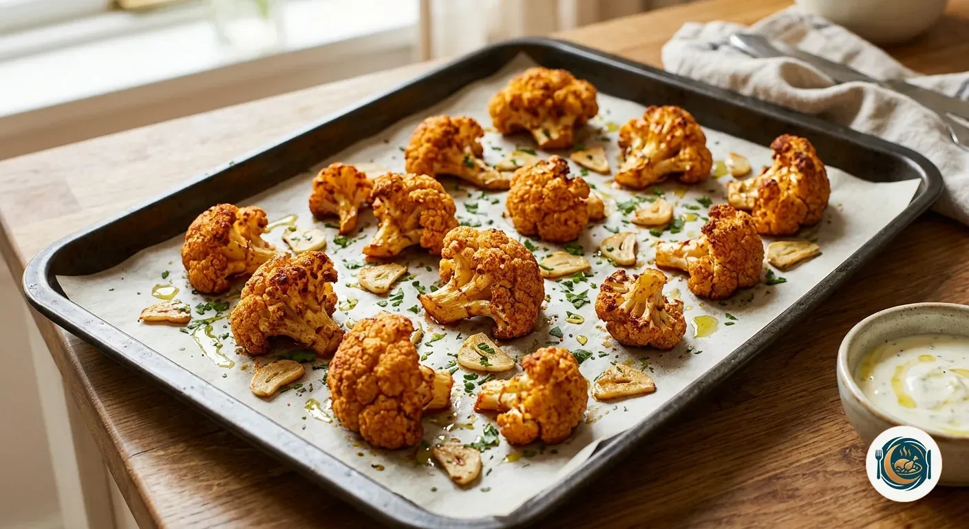 Ramilletes de coliflor dorados en una bandeja de horno con ajo laminado y pimentón