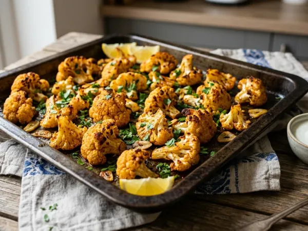 Bandeja de coliflor al horno dorada con ajo, pimentón y perejil fresco