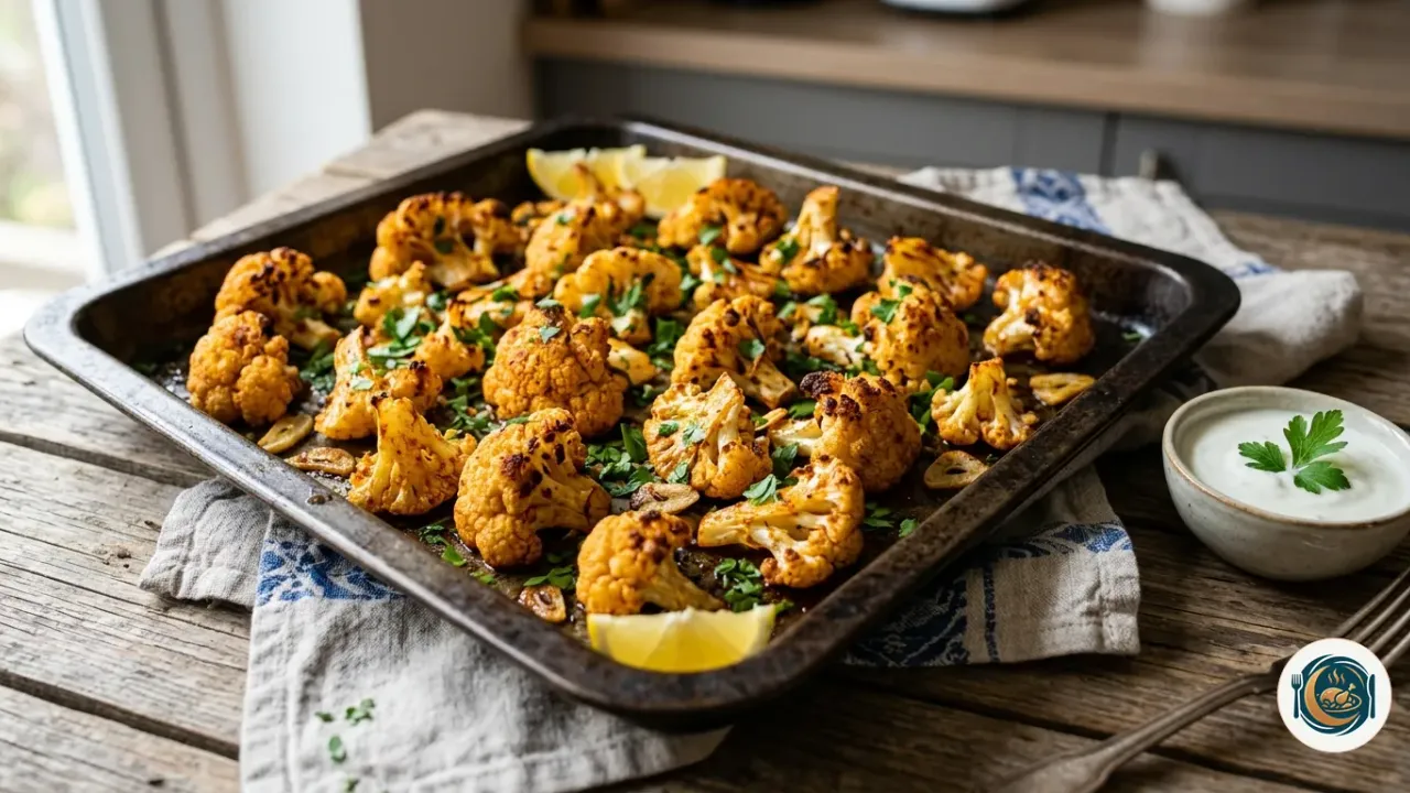 Bandeja de coliflor al horno dorada con ajo, pimentón y perejil fresco