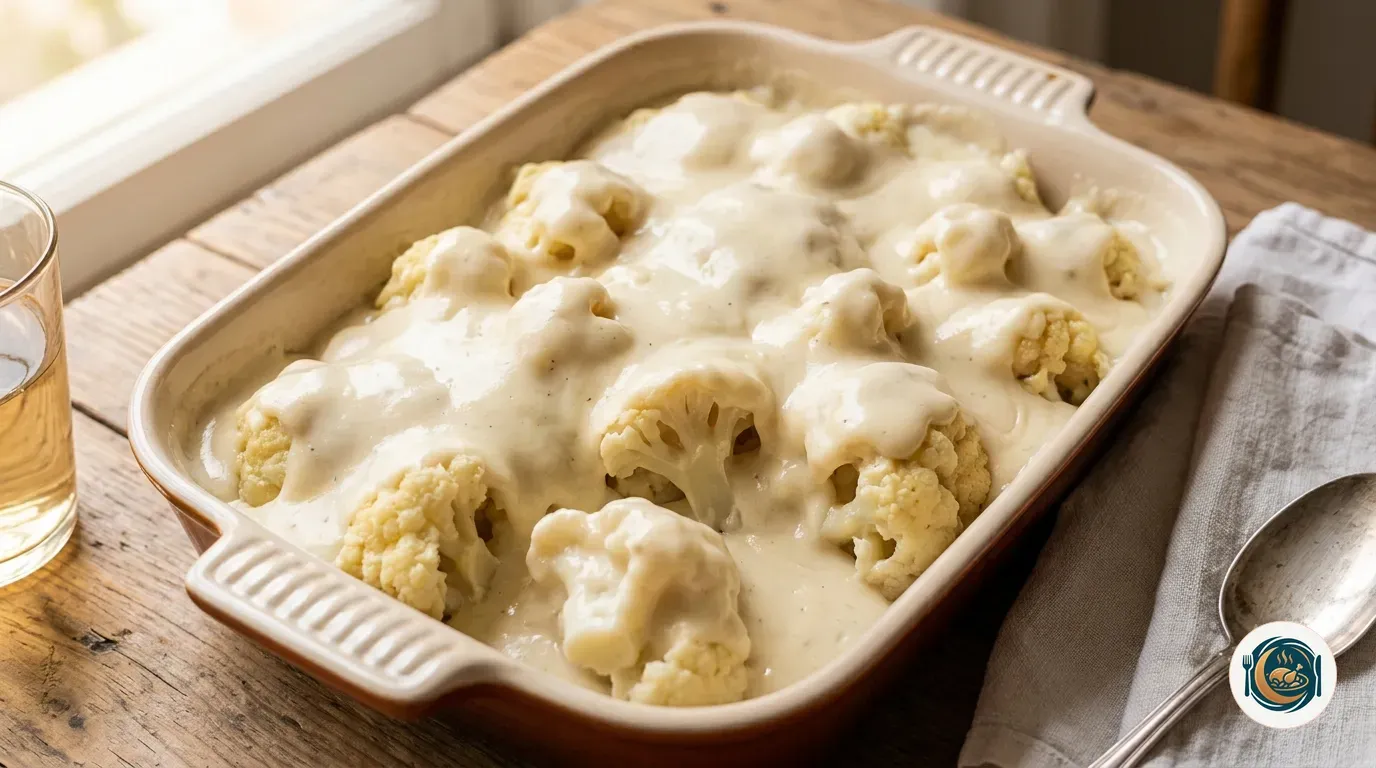 Fuente con los ramilletes de coliflor cubiertos de bechamel antes de añadir el queso
