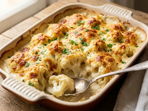 Fuente de coliflor gratinada con bechamel y queso dorado recién salida del horno