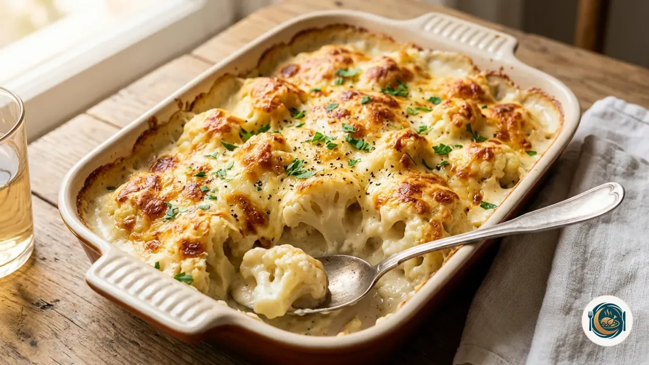 Fuente de coliflor gratinada con bechamel y queso dorado recién salida del horno