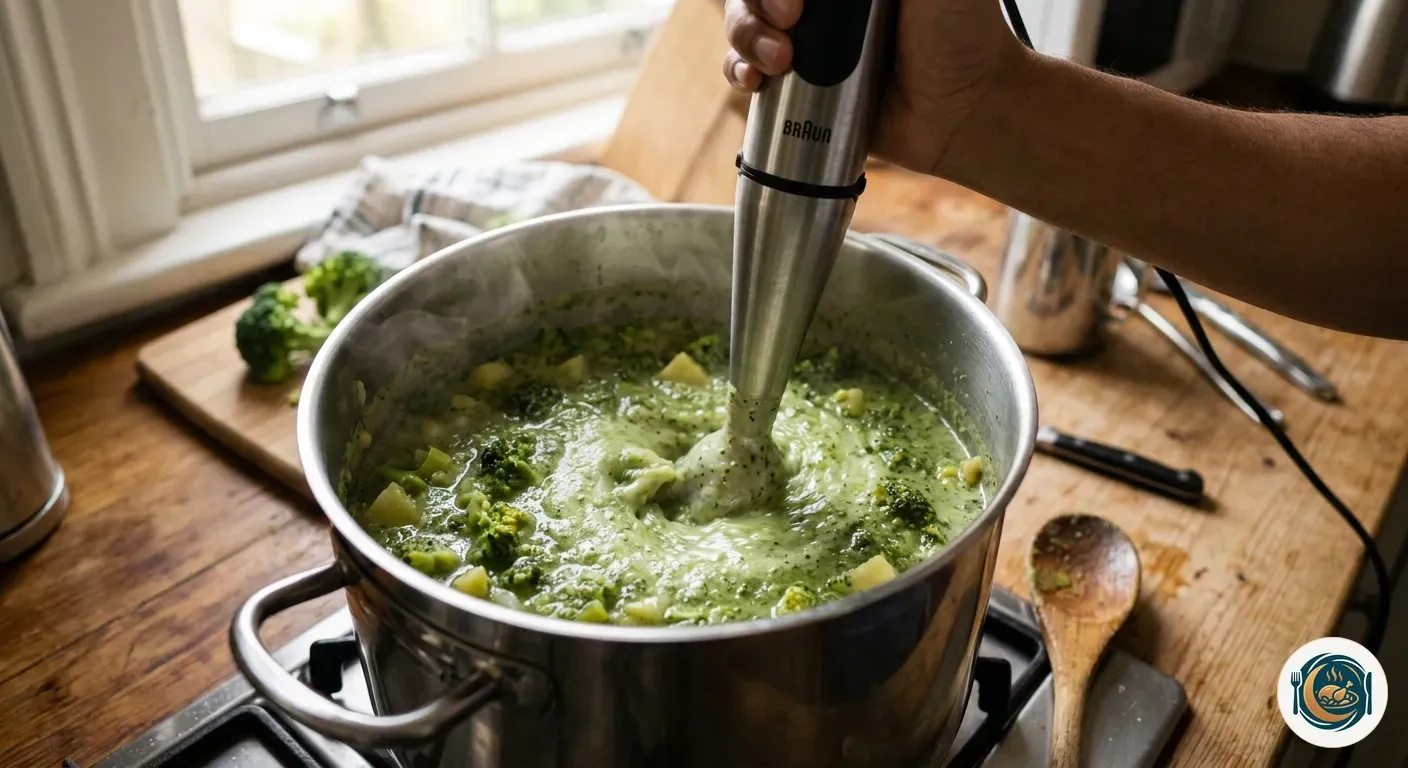 Crema de brócoli triturándose en la cazuela con la batidora de mano