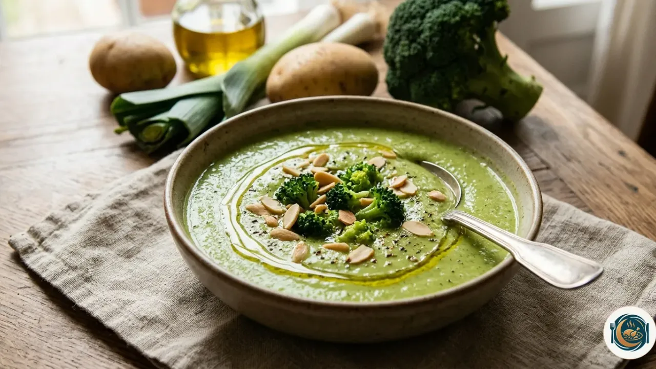 Bol de crema de brócoli con un hilo de aceite de oliva y unos ramilletes por encima