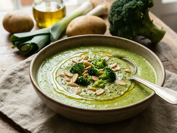 Bol de crema de brócoli con un hilo de aceite de oliva y unos ramilletes por encima
