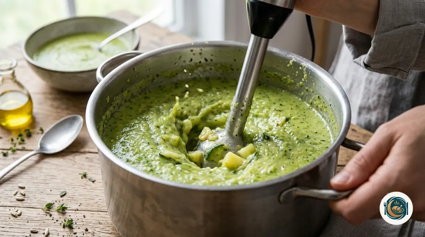 Crema de calabacín triturándose en la olla con la batidora de mano